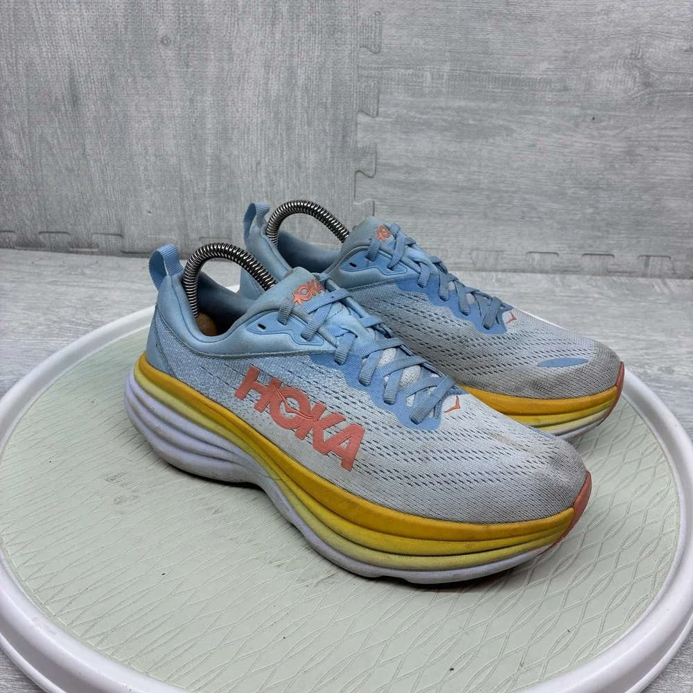 Hoka Bondi 8 Running Shoes Women's 8 Blue Yellow Mesh Sneakers 1127952 SSCA